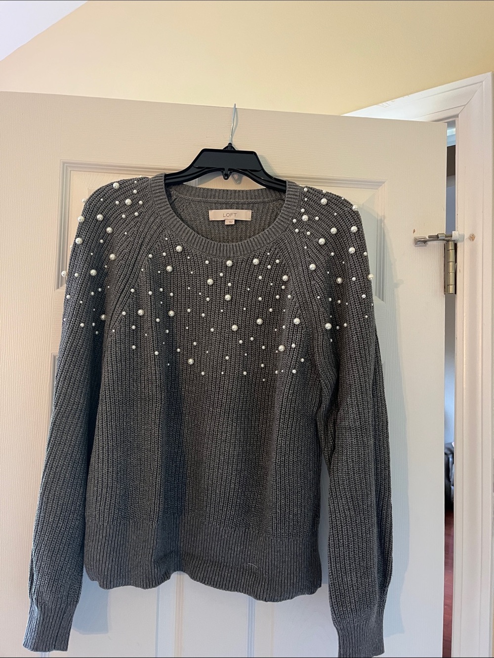 LOFT Gray Pearl-Embellished Scoopneck Sweater
